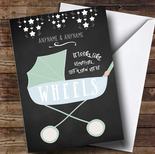 Personalized Funny New Set Of Wheels Chalk New Baby Card