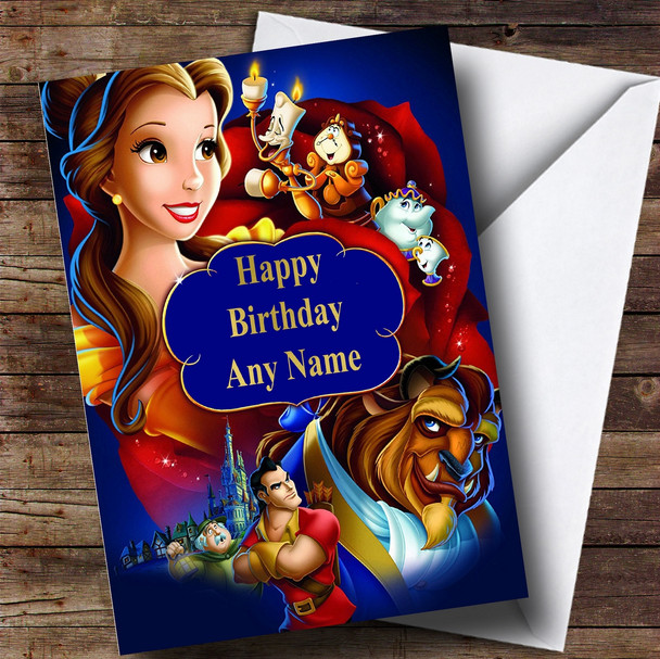 Personalized Disney Beauty And The Beast Blue Children's Birthday Card