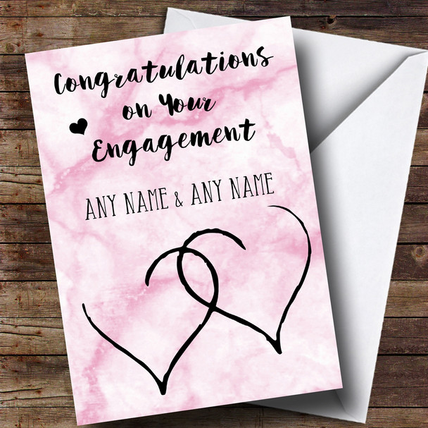 Personalized Pink Marble Two Hearts Engagement Card