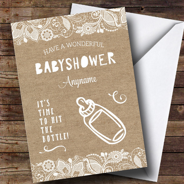 Personalized Funny Hit The Bottle Burlap Baby Shower Card