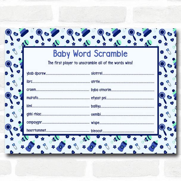 Boys Blue & Green Baby Shower Games Word Scramble Cards
