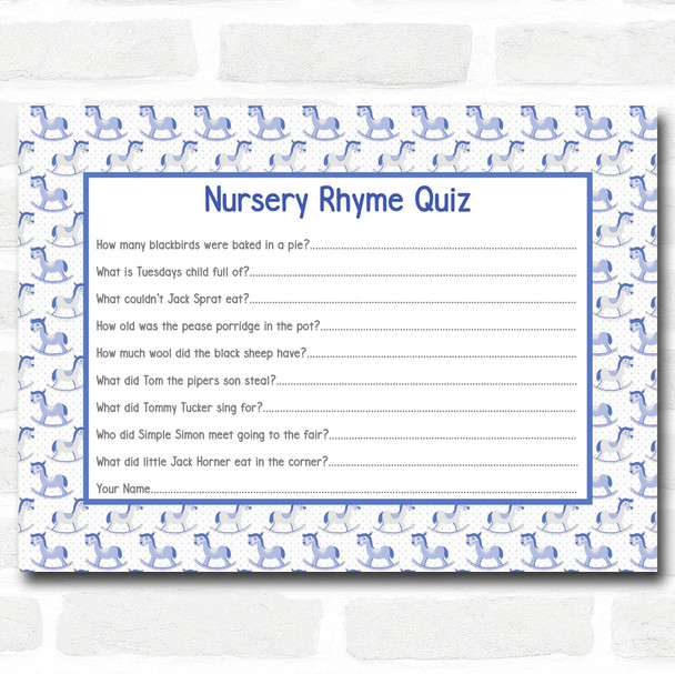 Boys Blue Rocking Horse Baby Shower Games Nursery Rhyme Quiz Cards