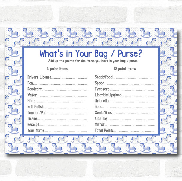 Boys Blue Rocking Horse Baby Shower Games Whats in Your Bag Purse Cards