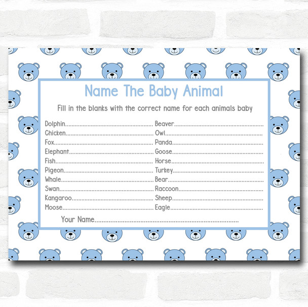 Boys Blue Teddys Baby Shower Games Baby Animal Cards