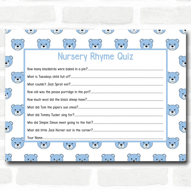 Boys Blue Teddys Baby Shower Games Nursery Rhyme Quiz Cards