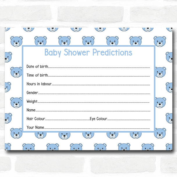 Boys Blue Teddys Baby Shower Games Predictions Cards