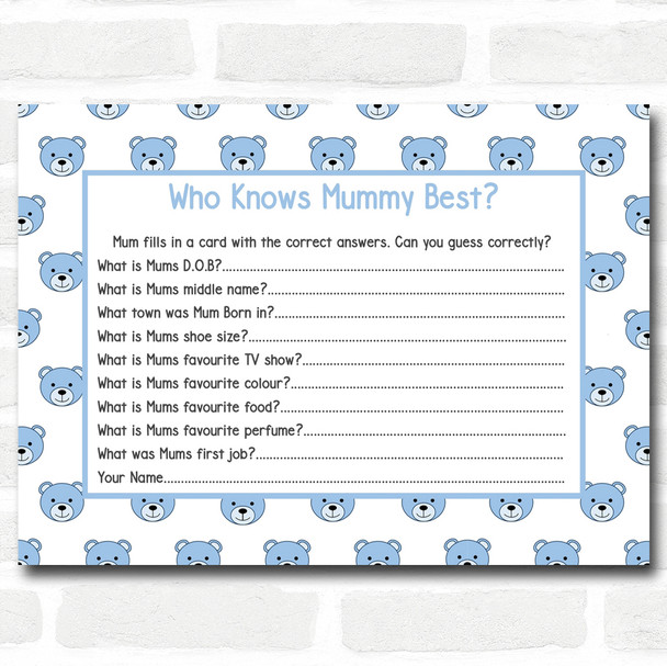 Boys Blue Teddys Baby Shower Games Who Knows Mum Best Cards