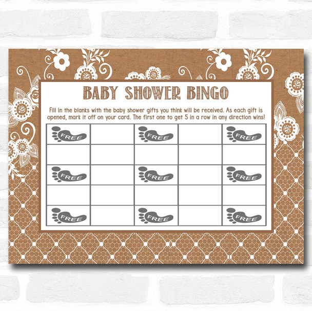 Burlap & Lace Baby Shower Games Bingo Cards