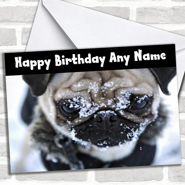 Pug Dog In Snow Personalized Birthday Card