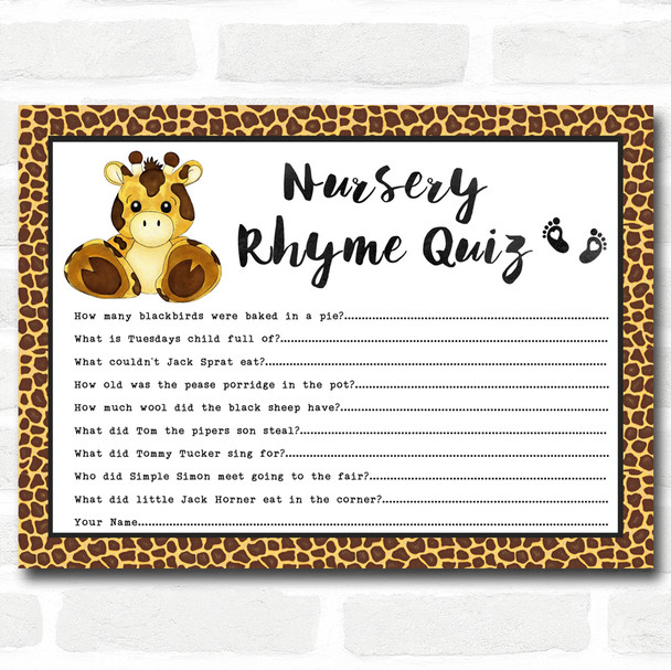 Giraffe Animal Print Baby Shower Games Nursery Rhyme Quiz Cards