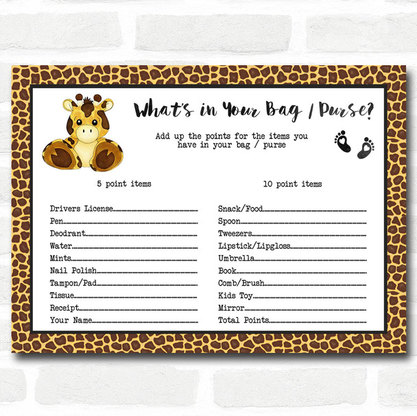 Giraffe Animal Print Baby Shower Games Whats in Your Bag Purse Cards
