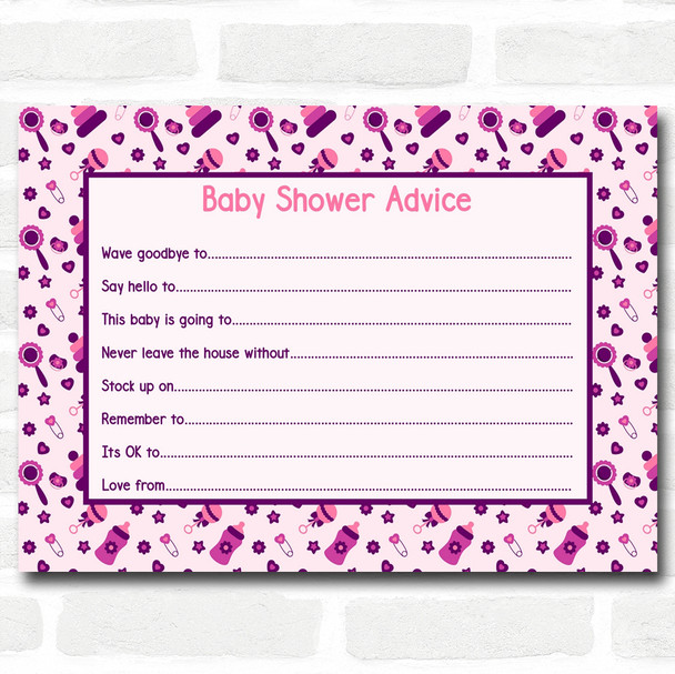 Girls Pink & Purple Baby Shower Games Advice To Parents Cards