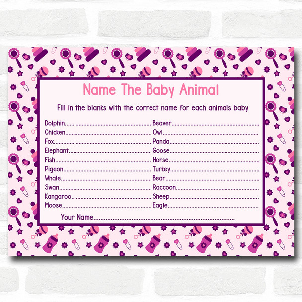 Girls Pink & Purple Baby Shower Games Baby Animal Cards