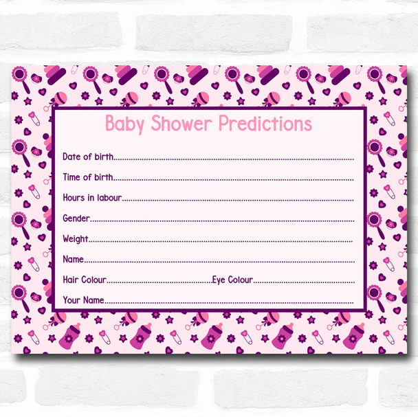 Girls Pink & Purple Baby Shower Games Predictions Cards