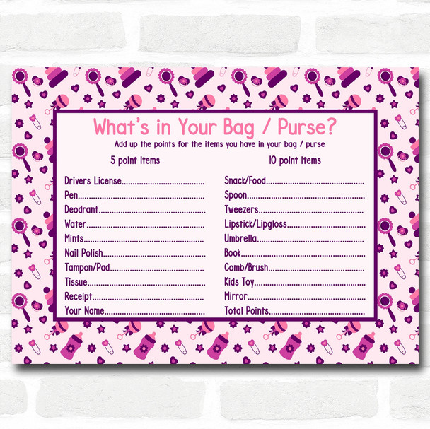 Girls Pink & Purple Baby Shower Games Whats in Your Bag Purse Cards