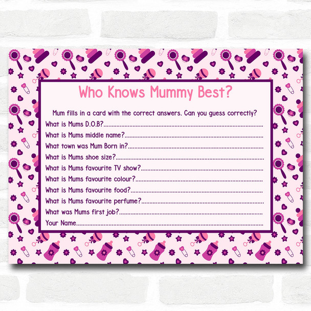 Girls Pink & Purple Baby Shower Games Who Knows Mum Best Cards