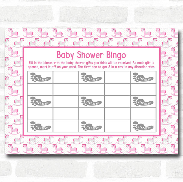 Girls Pink Rocking Horse Baby Shower Games Bingo Cards