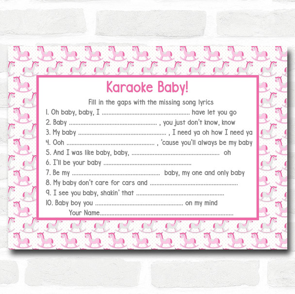 Girls Pink Rocking Horse Baby Shower Games Song Lyric Karaoke Cards