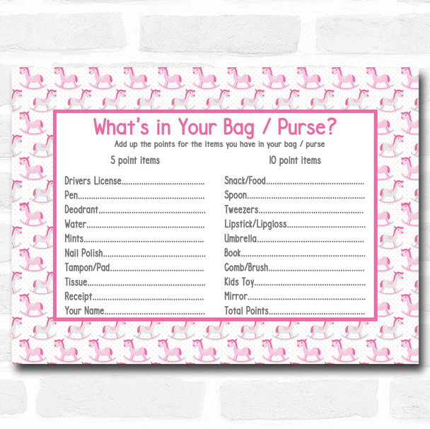 Girls Pink Rocking Horse Baby Shower Games Whats in Your Bag Purse Cards