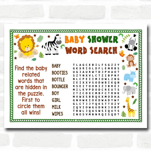 Jungle Baby Shower Games Word Search Cards