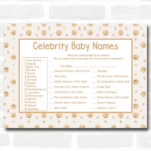 Neutral Gold Spots Baby Shower Games Celebrity Baby Name Cards Neutral Gold Spots Baby Shower Games Celebrity Baby Name Cards