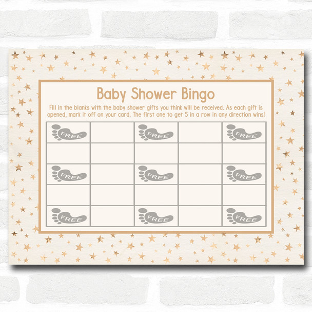 Neutral Gold Stars Baby Shower Games Bingo Cards