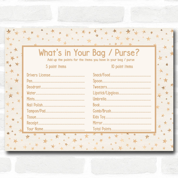 Neutral Gold Stars Baby Shower Games Whats in Your Bag Purse Cards