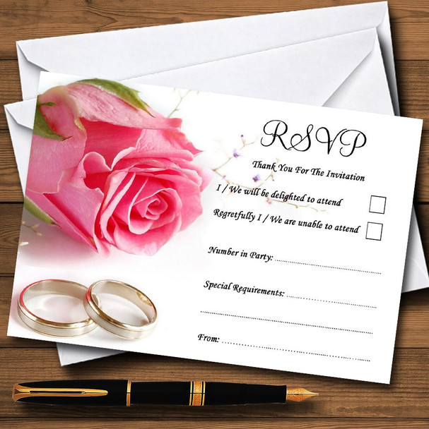 Gorgeous Pink Rose And Rings Personalized RSVP Cards