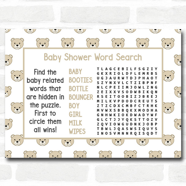 Neutral Teddys Baby Shower Games Word Search Cards