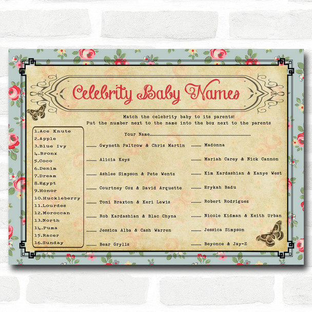 Shabby Chic Tea Party Baby Shower Games Celebrity Baby Name Cards