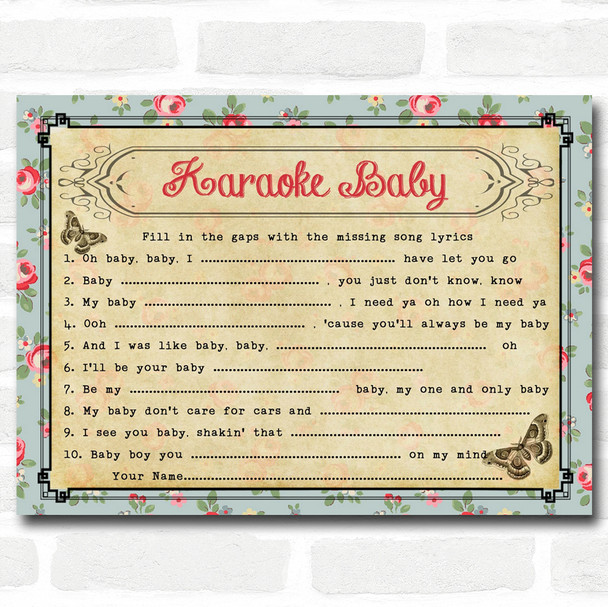 Shabby Chic Tea Party Baby Shower Games Song Lyric Karaoke Cards