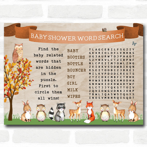 Woodland Animal Neutral Baby Shower Games Word Search Cards Woodland Animal Neutral Baby Shower Games Word Search Cards