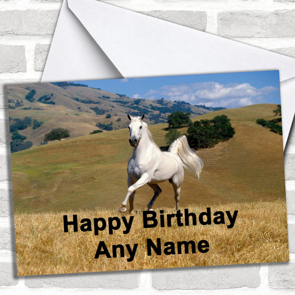 White / Grey Horse In Field Personalized Birthday Card
