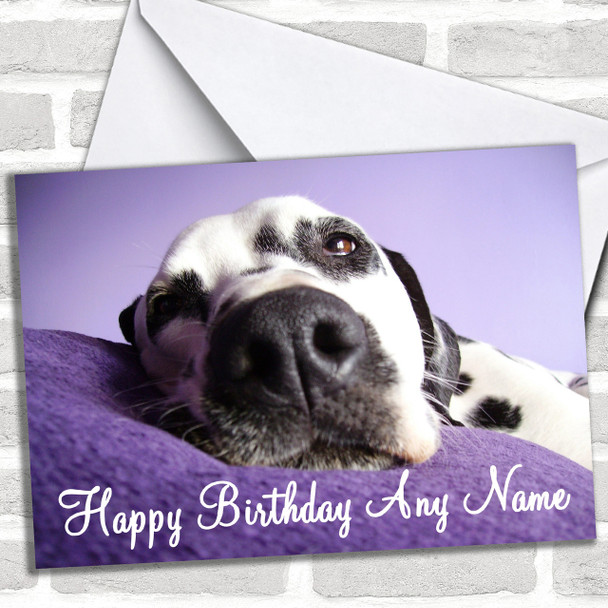 Purple Dalmatian Dog Personalized Birthday Card