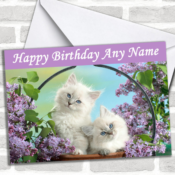 Cute White Cats In A Basket Personalized Birthday Card