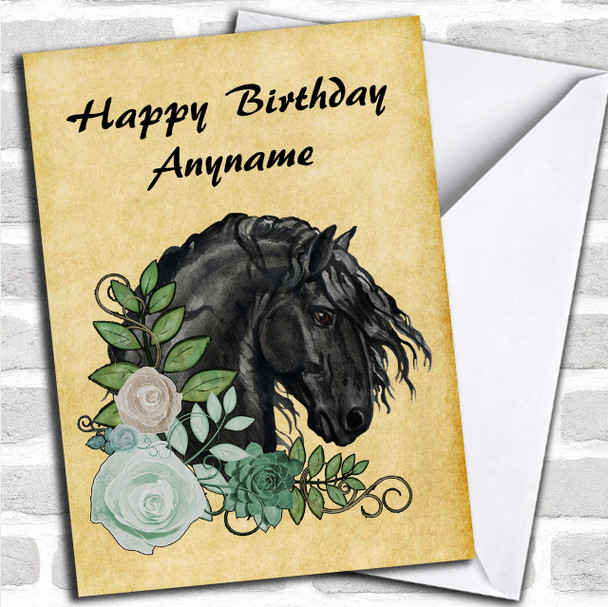 Vintage Friesian Horse Head & Flowers Personalized Birthday Card