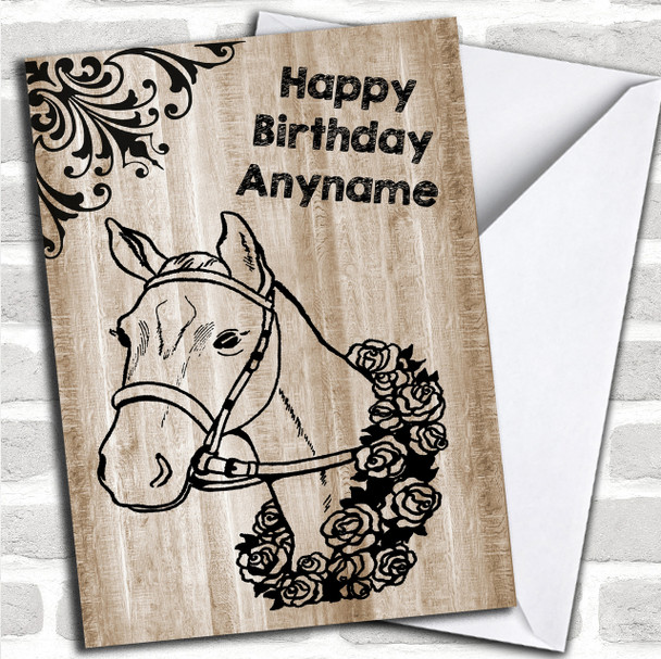 Vintage Wood Horse Head Personalized Birthday Card