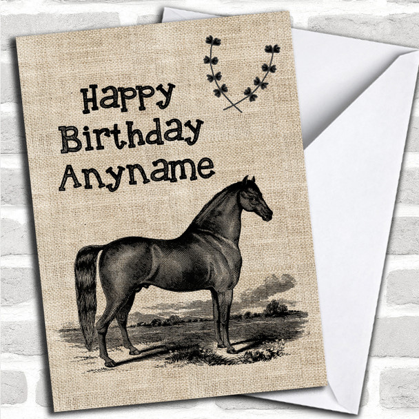 Vintage Burlap Style Horse Personalized Birthday Card