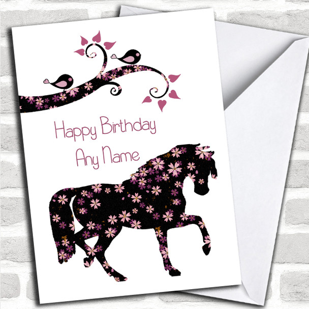 Black & Pink Floral Horse Personalized Birthday Card