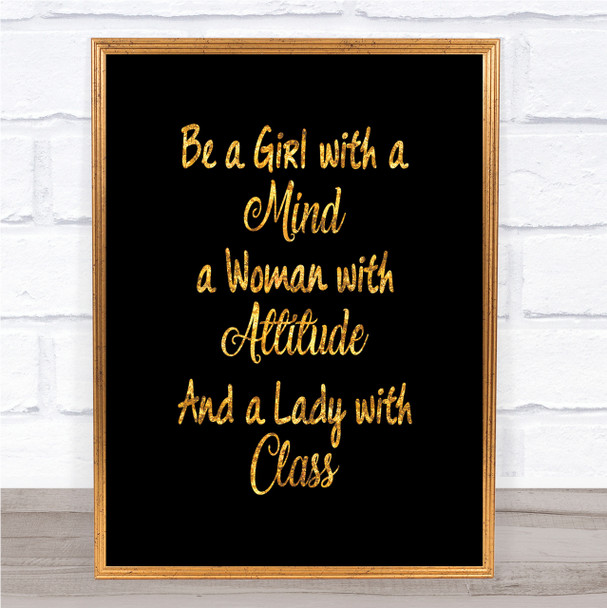 Girl With A Mind Quote Print Black & Gold Wall Art Picture