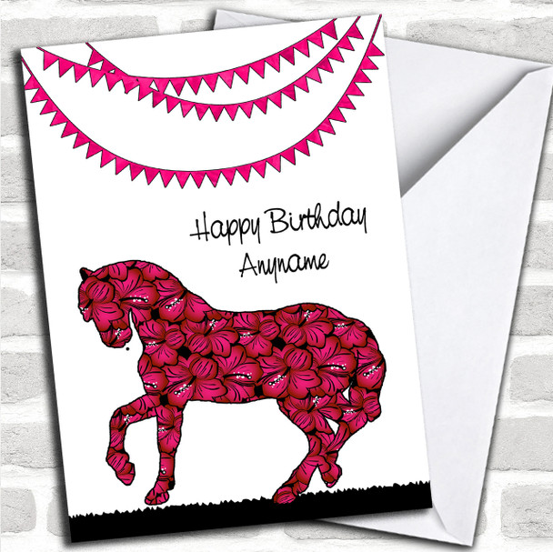 Pink Patterned Horse & Bunting Personalized Birthday Card