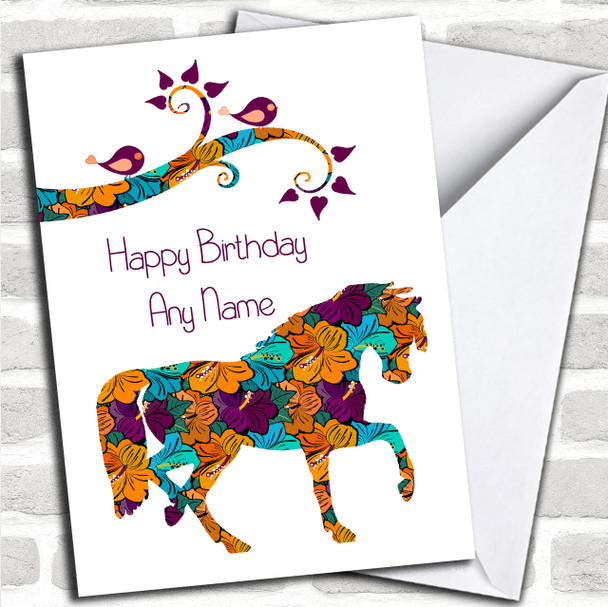 Orange & Purple Floral Horse Personalized Birthday Card