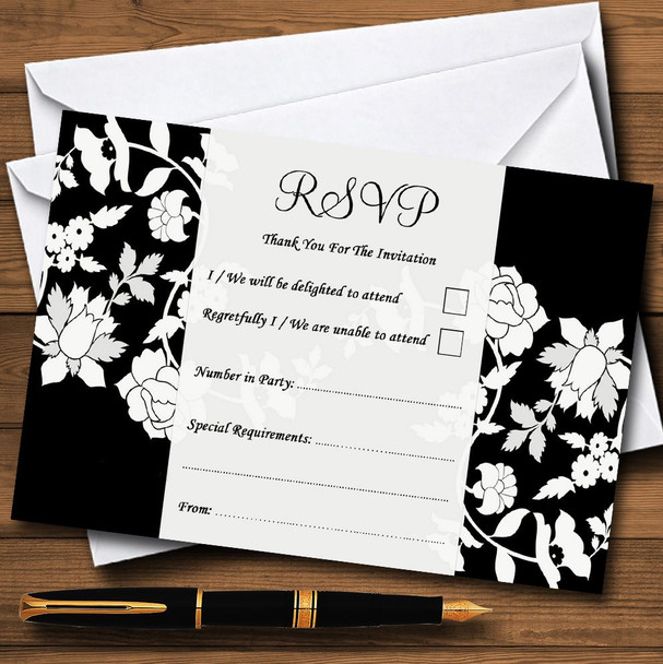 Black And White Floral Flower Personalized RSVP Cards