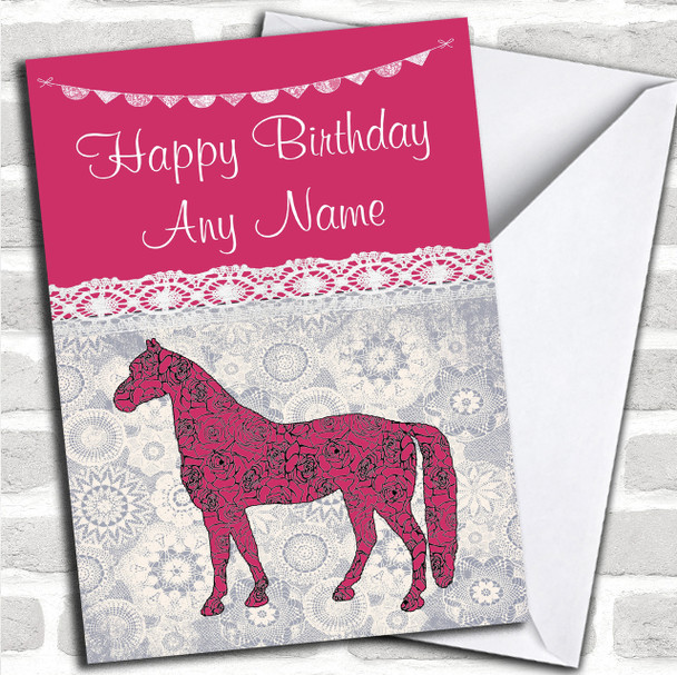 Lace Bunting Horse Pink Personalized Birthday Card