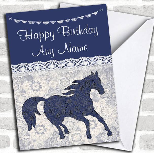 Lace Bunting Horse Blue Personalized Birthday Card