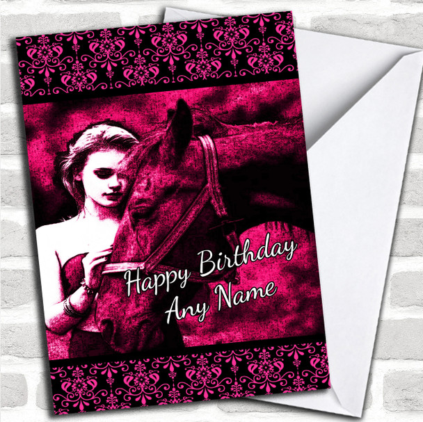Hot Pink Damask Girl & Horse Personalized Birthday Card