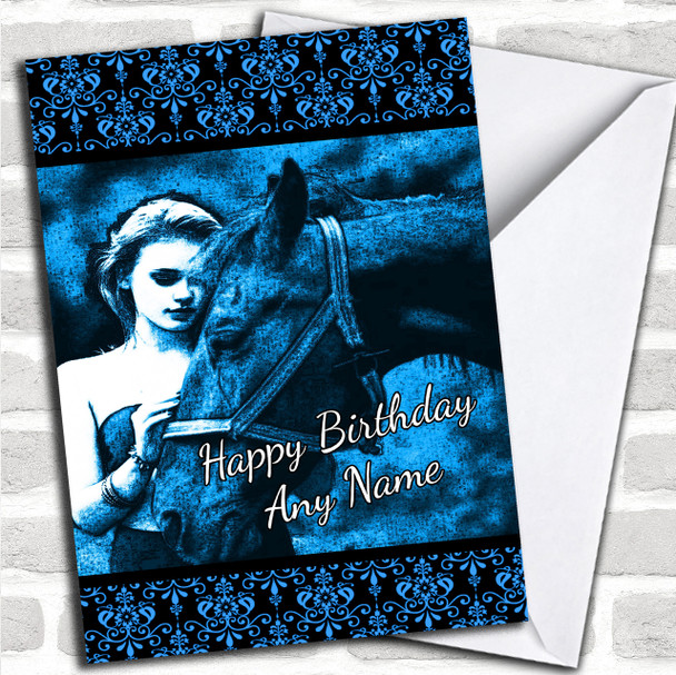 Blue Damask Girl & Horse Personalized Birthday Card