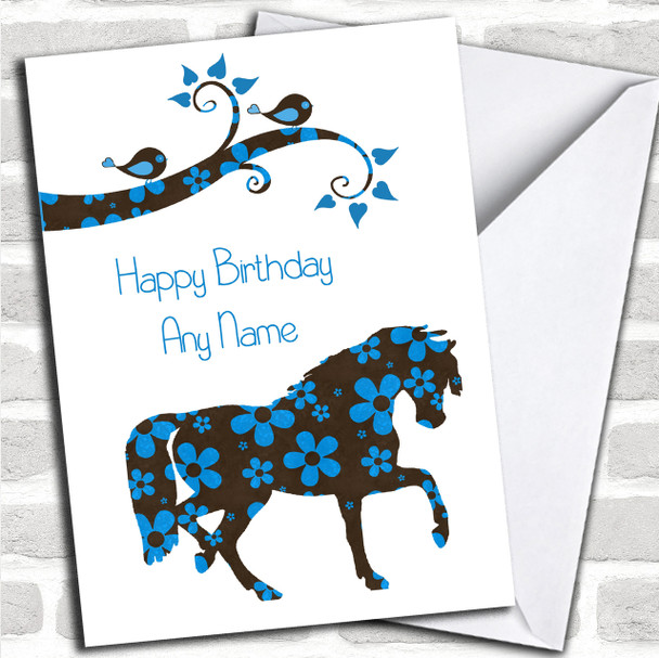 Blue & Brown Floral Horse Personalized Birthday Card