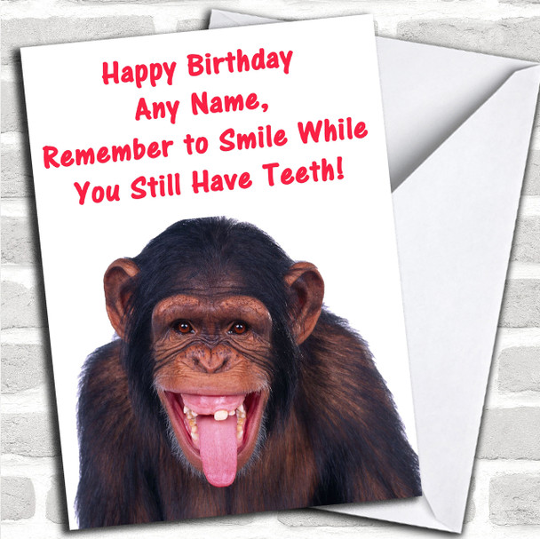 Toothless Monkey Personalized Birthday Card - Red Heart Print