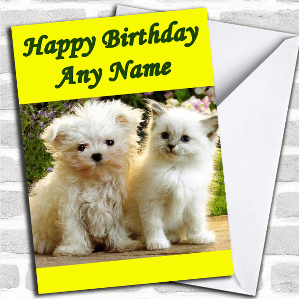 White Terrier Dog & White Cat Personalized Birthday Card